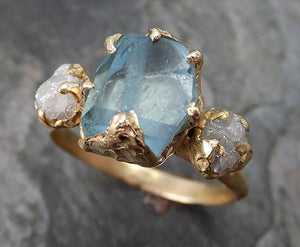 Partially Faceted Raw Aquamarine Diamond Gold Engagement Ring Wedding Ring One Of a Kind Gemstone Ring Bespoke Three stone Ring - by Angeline