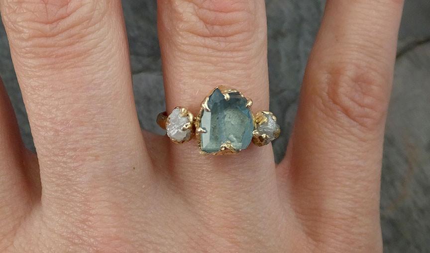 Partially Faceted Raw Aquamarine Diamond Gold Engagement Ring Wedding Ring One Of a Kind Gemstone Ring Bespoke Three stone Ring - by Angeline