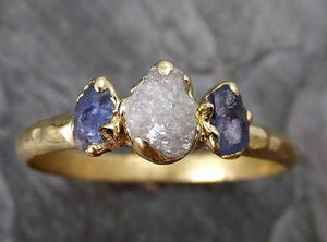 Dainty Raw Sapphire Diamond yellow Gold Multi stone Engagement Ring Wedding Ring Montana Sapphire blue Violet Gemstone Ring Three stone 0246 - by Angeline