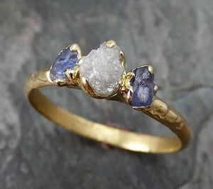Dainty Raw Sapphire Diamond yellow Gold Multi stone Engagement Ring Wedding Ring Montana Sapphire blue Violet Gemstone Ring Three stone 0246 - by Angeline