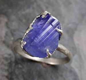Partially faceted Raw Tanzanite Crystal Solitaire 14k White Gold Ring Rough Uncut Gemstone recycled stacking cocktail statement 0249 - by Angeline