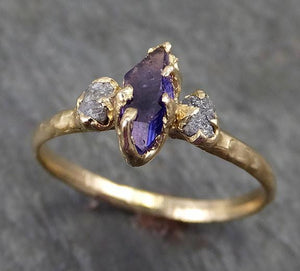 Partially Faceted Sapphire Raw Multi stone Rough Diamond 14k yellow Gold Engagement Ring Wedding Ring Custom One Of a Kind Violet Gemstone Ring Three stone 0258 - by Angeline