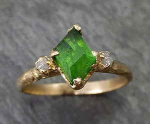 Partially Faceted Rough Raw Diamonds multi stone Natural Tsavorite Garnet Green Gemstone ring Recycled 14k yellow Gold One of a kind Gemstone ring byAngeline 0263 - by Angeline