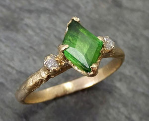 Partially Faceted Rough Raw Diamonds multi stone Natural Tsavorite Garnet Green Gemstone ring Recycled 14k yellow Gold One of a kind Gemstone ring byAngeline 0263 - by Angeline