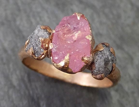 Raw Spinel Diamond Rose Gold Engagement Ring Wedding Ring Custom One Of a Kind Pink Gemstone Ring Three stone Ring byAngeline 0265 - by Angeline