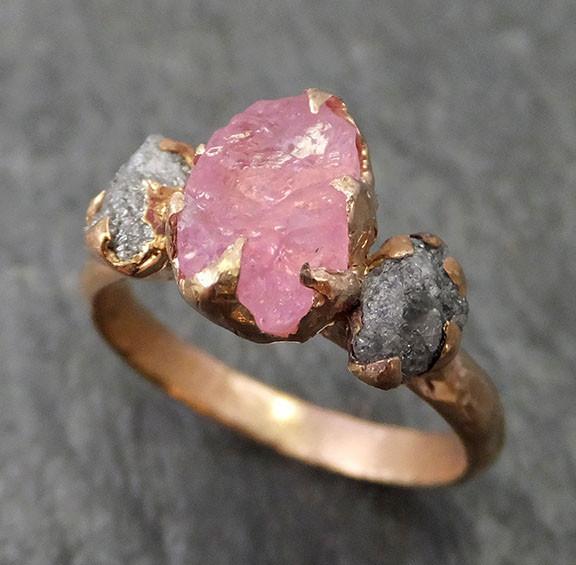 Raw Spinel Diamond Rose Gold Engagement Ring Wedding Ring Custom One Of a Kind Pink Gemstone Ring Three stone Ring byAngeline 0265 - by Angeline