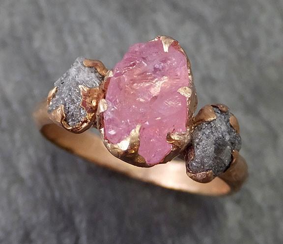 Raw Spinel Diamond Rose Gold Engagement Ring Wedding Ring Custom One Of a Kind Pink Gemstone Ring Three stone Ring byAngeline 0265 - by Angeline