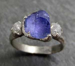 Partially Faceted Raw Diamond Tanzanite Gemstone 14k White Gold Engagement Wedding Ring One Of a Kind Gemstone Ring Bespoke Three stone Ring 0288 - by Angeline