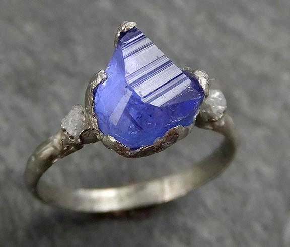 Partially faceted Raw Diamond Tanzanite Gemstone 14k White Gold Engagement Wedding Ring One Of a Kind Gemstone Ring Bespoke Three stone Ring 0289 - by Angeline