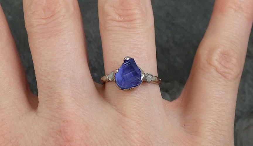 Partially faceted Raw Diamond Tanzanite Gemstone 14k White Gold Engagement Wedding Ring One Of a Kind Gemstone Ring Bespoke Three stone Ring 0289 - by Angeline