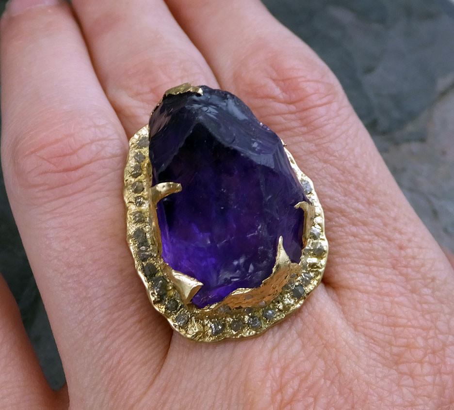 Raw Rough Uncut Gemstone Amethyst and Diamonds 18k Yellow Gold Halo Ring Multi stone Statement ring Show Stopper ring by Angeline 0052 - by Angeline