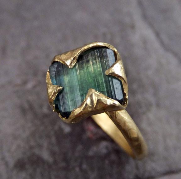 18k Gold Raw Green Tourmaline Ring Rough Uncut Gemstone tourmaline recycled stacking cocktail statement by Angeline - by Angeline