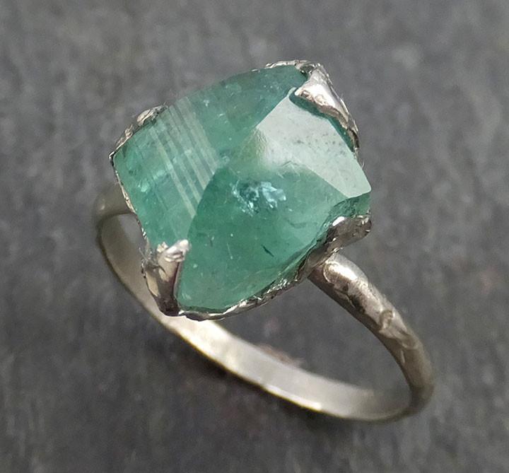 Partially faceted Raw Sea Green Tourmaline White Gold Ring Rough Uncut Gemstone Solitaire recycled 14k stacking cocktail statement 0346 - by Angeline