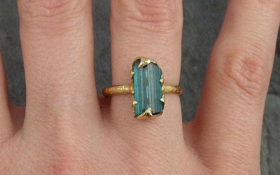 Raw Blue Green Tourmaline yellow Gold Ring Rough Uncut Gemstone tourmaline recycled 18k stacking cocktail statement byAngeline 0347 - by Angeline