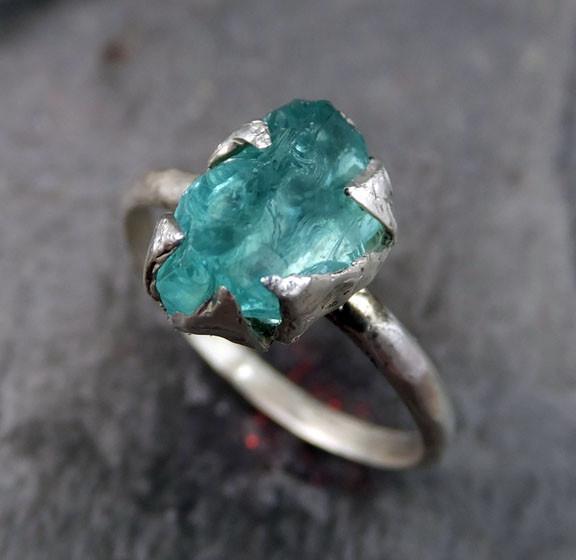 Raw Rough Uncut Apatite Neon Blue Rough Sterling Silver Gemstone Stacking Ring by Angeline - by Angeline