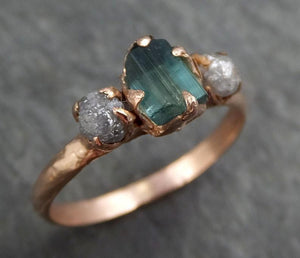 Raw blue green Indicolite Tourmaline Diamond Gold Engagement Engagement Wedding Ring One Of a Kind Gemstone Three stone Ring byAngeline 0337 - by Angeline