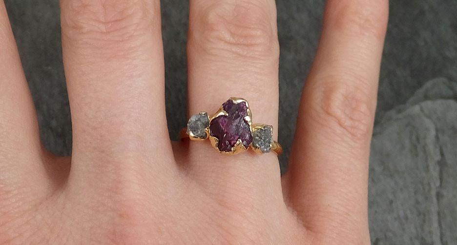 Raw Rough Diamond Ruby Multi Stone Ring 14k yellow Gold red Gemstone Engagement birthstone Ring byAngeline 0369 - by Angeline