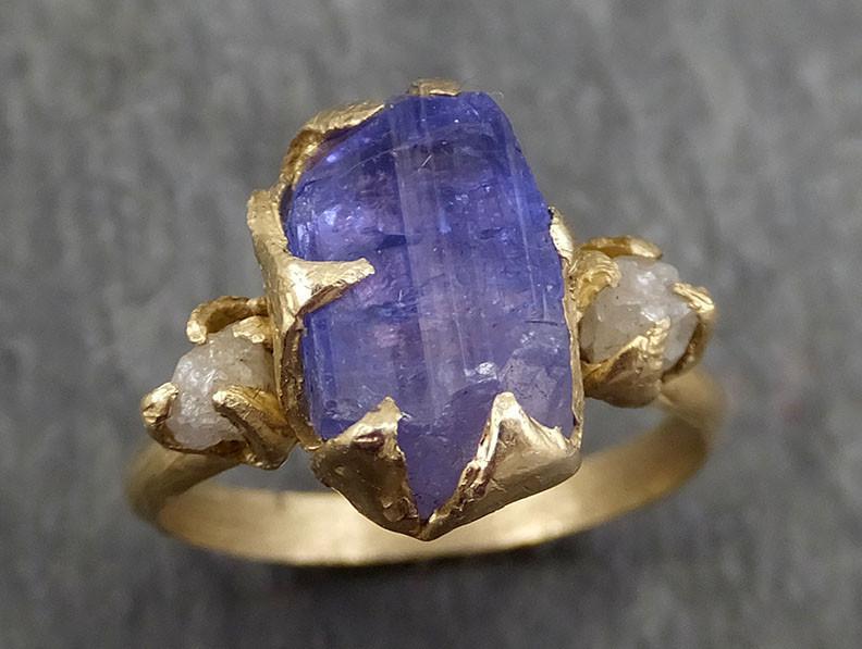 Raw Diamond Tanzanite Crystal Gemstone 14k Ring Multi stone Wedding Ring One Of a Kind Three stone Ring byAngeline 0389 - by Angeline