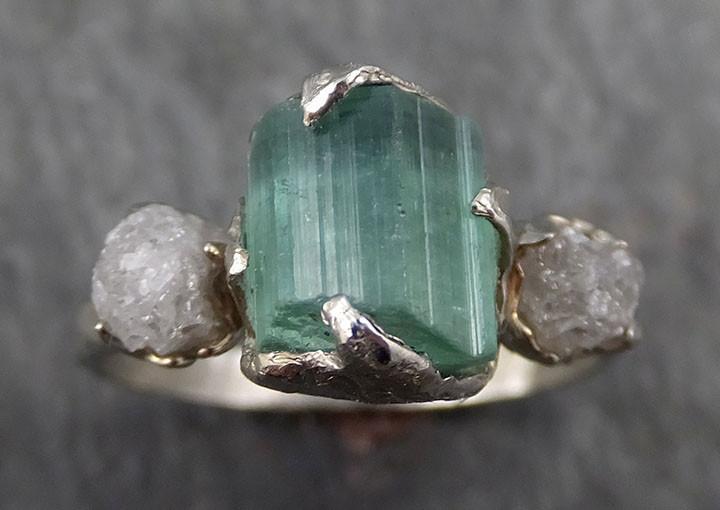 Raw Sea Green Tourmaline Diamond White Gold Ring Rough Uncut Gemstone tourmaline recycled 14k Engagement Wedding Ring 0391 - by Angeline