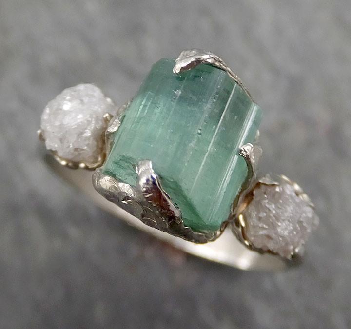 Raw Sea Green Tourmaline Diamond White Gold Ring Rough Uncut Gemstone tourmaline recycled 14k Engagement Wedding Ring 0391 - by Angeline