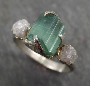 Raw Sea Green Tourmaline Diamond White Gold Ring Rough Uncut Gemstone tourmaline recycled 14k Engagement Wedding Ring 0391 - by Angeline