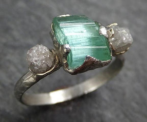 Raw Sea Green Tourmaline Diamond Multi stone Multi stone White Gold Ring Rough Uncut Gemstone tourmaline recycled 14k Engagement Wedding Ring 0393 - by Angeline