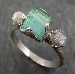 Raw Sea Green Tourmaline Diamond Multi stone Multi stone White Gold Ring Rough Uncut Gemstone tourmaline recycled 14k Engagement Wedding Ring 0393 - by Angeline
