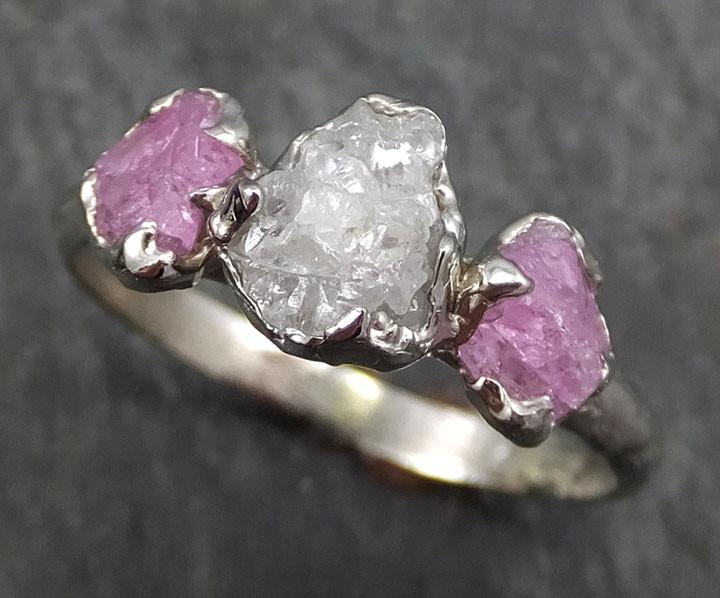 Raw Sapphire Diamond White Gold Engagement Ring Multi stone Wedding Ring Sapphire Pink Gemstone Ring Three stone byAngeline 0394 - by Angeline