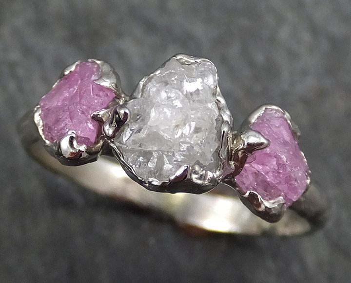 Raw Sapphire Diamond White Gold Engagement Ring Multi stone Wedding Ring Sapphire Pink Gemstone Ring Three stone byAngeline 0394 - by Angeline