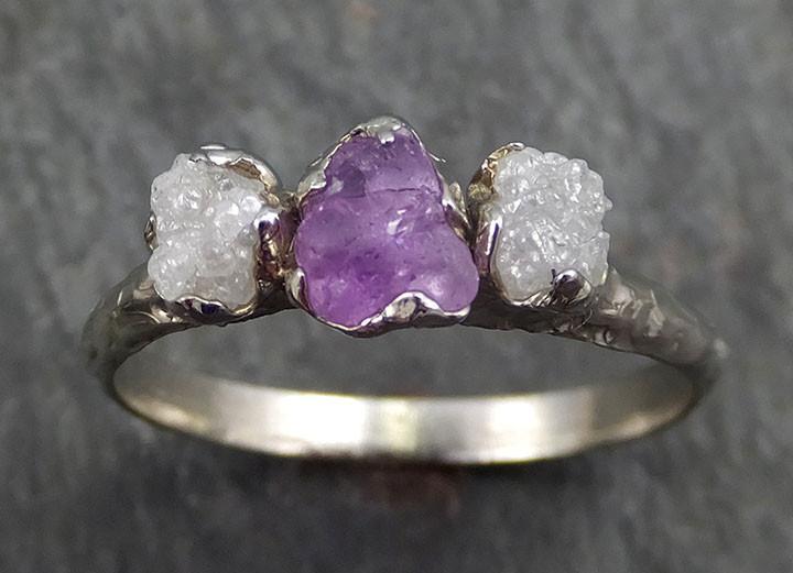 Raw Sapphire Diamond White Gold Engagement Ring Purple Multi stone Wedding Ring Custom One Of a Kind Gemstone Ring Three stone Ring byAngeline 0397 - by Angeline
