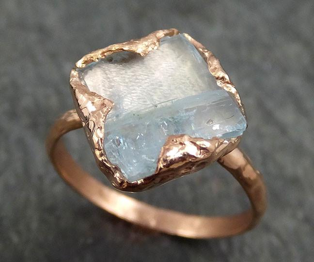 Partially Faceted Aquamarine Ring Solid 14K Rose Gold Ring wedding engagement Rough Gemstone Ring Statement Ring Stacking 0401 - by Angeline