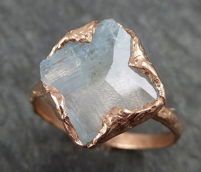 Partially Faceted Aquamarine Ring Solid 14K Rose Gold Ring wedding engagement Rough Gemstone Ring Statement Ring Stacking 0401 - by Angeline