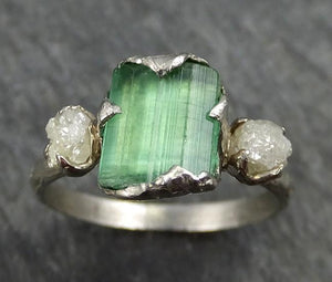 Raw Green Tourmaline Diamond White Gold Ring Rough Uncut Gemstone tourmaline recycled 14k Engagement Wedding Ring 0404 - by Angeline