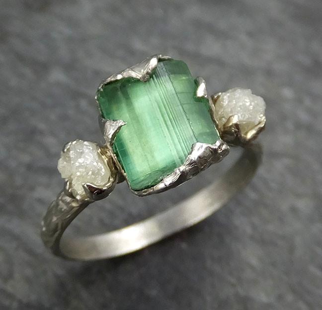 Raw Green Tourmaline Diamond White Gold Ring Rough Uncut Gemstone tourmaline recycled 14k Engagement Wedding Ring 0404 - by Angeline