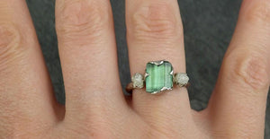 Raw Green Tourmaline Diamond White Gold Ring Rough Uncut Gemstone tourmaline recycled 14k Engagement Wedding Ring 0404 - by Angeline