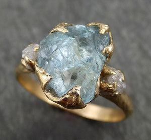 Raw Uncut Aquamarine Diamond Gold Engagement Ring Wedding 14k Ring Custom One Of a Kind Gemstone Bespoke Three stone Ring byAngeline 0407 - by Angeline