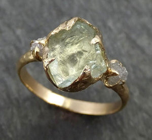 Raw Uncut Aquamarine Diamond Gold Engagement Ring Multi stone Wedding 14k Ring Custom One Of a Kind Gemstone Bespoke Three stone Ring byAngeline 0408 - by Angeline
