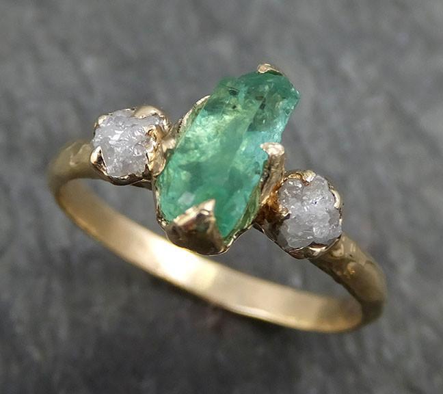 Three raw Stone Diamond Emerald Engagement Ring 14k Gold Wedding Ring ...