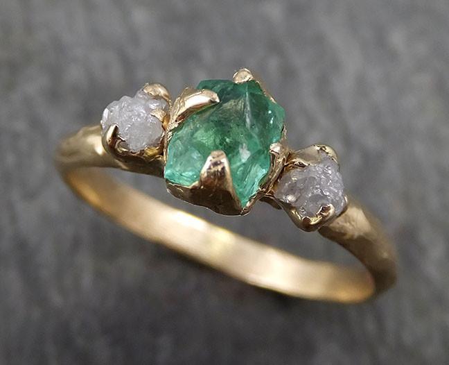 Three raw Stone Diamond Emerald Engagement Ring 14k Gold Multi stone Wedding Ring Uncut Birthstone Stacking Ring Rough Diamond Ring byAngeline 0415 - by Angeline