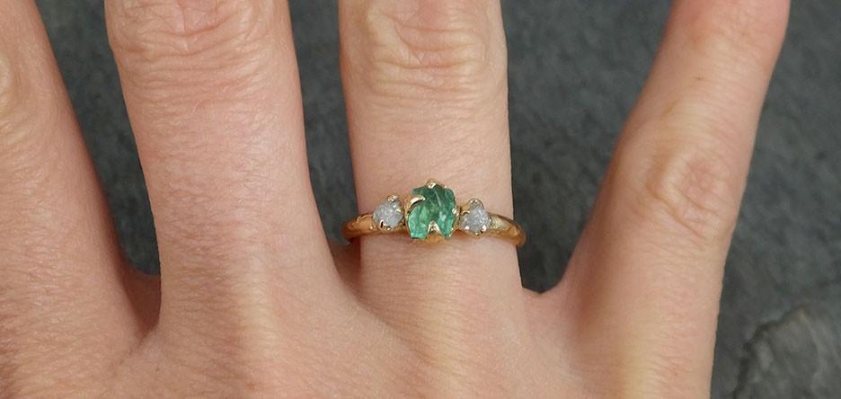 Three raw Stone Diamond Emerald Engagement Ring 14k Gold Multi stone Wedding Ring Uncut Birthstone Stacking Ring Rough Diamond Ring byAngeline 0415 - by Angeline