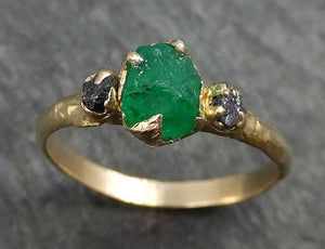 Three raw Stone Diamond Emerald Gemstone Engagement Ring 14k yellow Gold Multi stone Wedding Ring Uncut Birthstone Stacking Ring Rough Black Diamond byAngeline 0416 - by Angeline