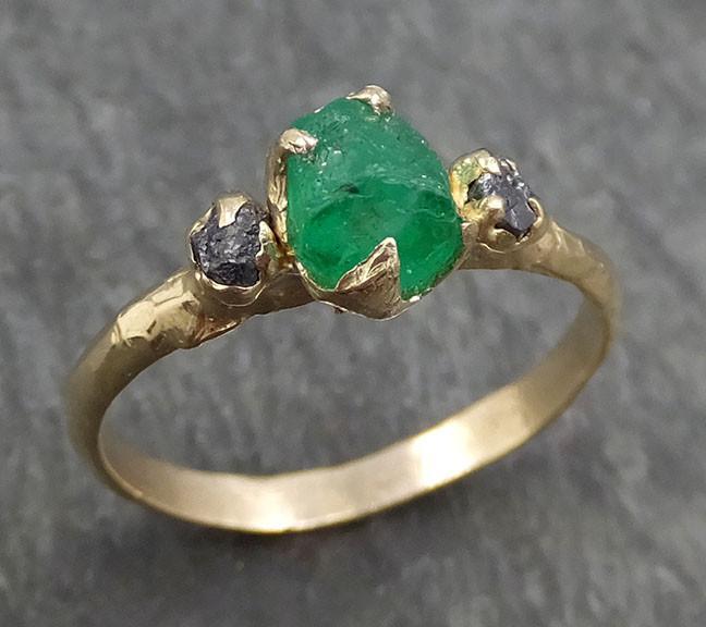 Three raw Stone Diamond Emerald Gemstone Engagement Ring 14k yellow Gold Multi stone Wedding Ring Uncut Birthstone Stacking Ring Rough Black Diamond byAngeline 0416 - by Angeline