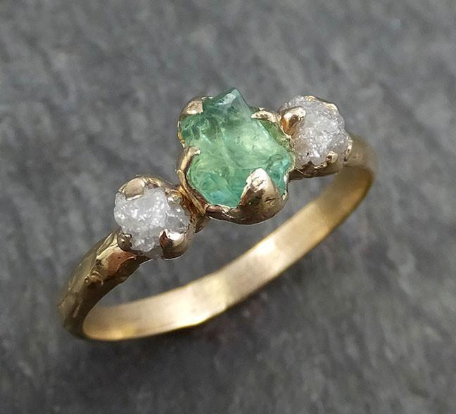 Three raw Stone Diamond Emerald Engagement Ring 14k Gold Wedding Ring Uncut Birthstone Stacking Ring Rough Diamond Ring byAngeline 0417 - by Angeline