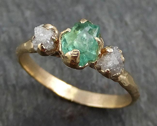 Three raw Stone Diamond Emerald Engagement Ring 14k Gold Wedding Ring Uncut Birthstone Stacking Ring Rough Diamond Ring byAngeline 0417 - by Angeline