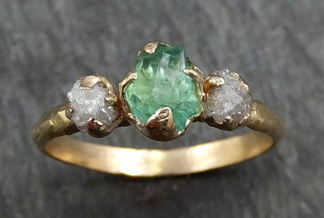 Three raw Stone Diamond Emerald Engagement Ring 14k Gold Wedding Ring Uncut Birthstone Stacking Ring Rough Diamond Ring byAngeline 0417 - by Angeline