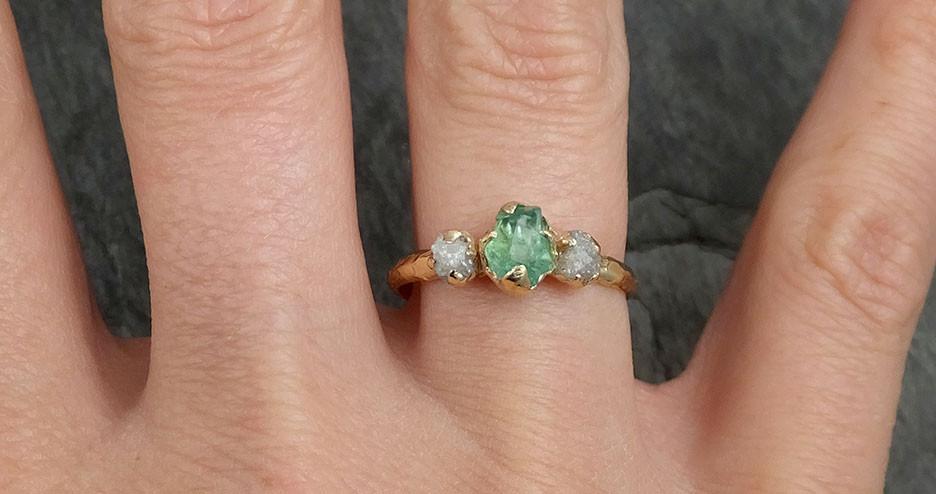 Three raw Stone Diamond Emerald Engagement Ring 14k Gold Wedding Ring Uncut Birthstone Stacking Ring Rough Diamond Ring byAngeline 0417 - by Angeline