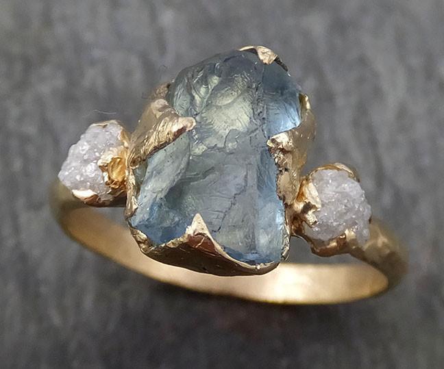 Raw Uncut Aquamarine Diamond Gold Engagement Ring Wedding 14k Ring Custom One Of a Kind Gemstone Bespoke Three stone Ring byAngeline 0419 - by Angeline