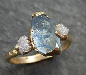 Raw Uncut Aquamarine Diamond Gold Engagement Ring Wedding 14k Ring Custom One Of a Kind Gemstone Bespoke Three stone Ring byAngeline 0420 - by Angeline