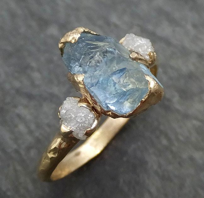 Raw Uncut Aquamarine Diamond Gold Engagement Ring Wedding 14k Ring Custom One Of a Kind Gemstone Bespoke Three stone Ring byAngeline 0420 - by Angeline