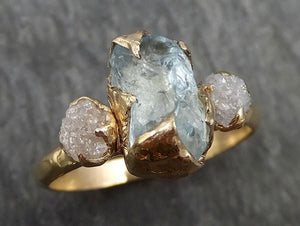 Raw Uncut Aquamarine Diamond yellow Gold Engagement Ring Multi stone Wedding 14k Ring Custom One Of a Kind Gemstone Bespoke Three stone Ring byAngeline 0420 - by Angeline
